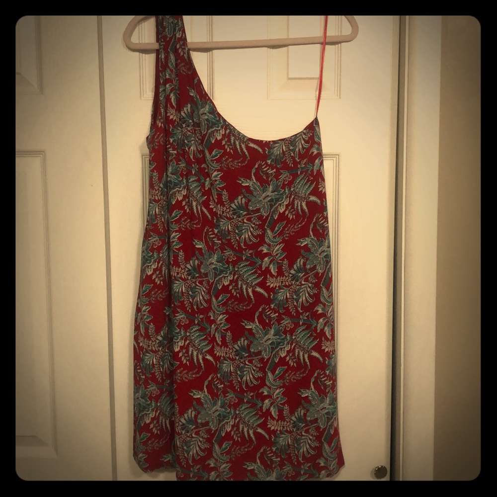 “Loft” one shoulder tropical tiki print dress